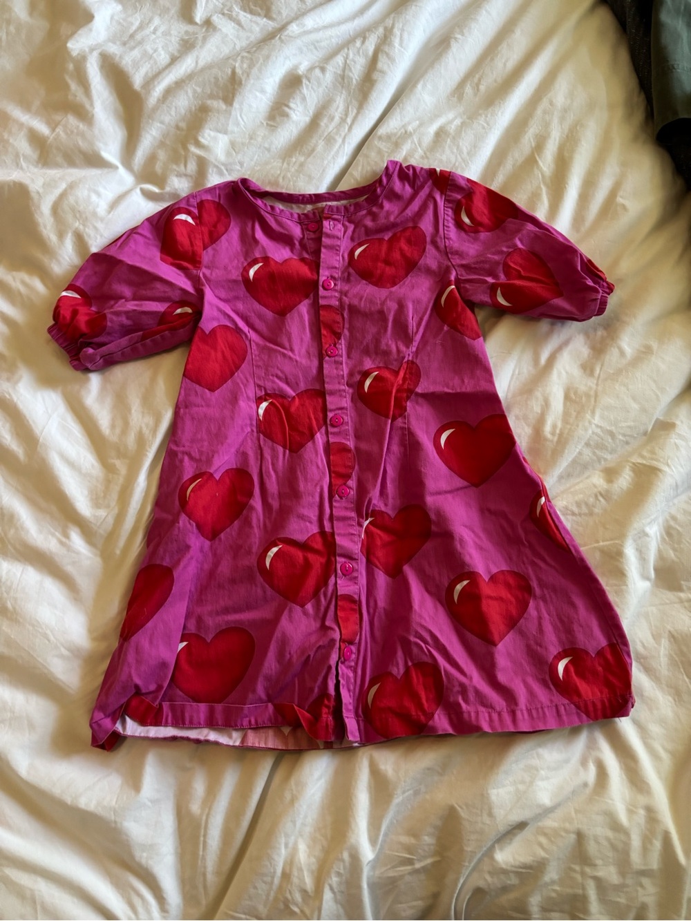 Pink Girls' Button-Front Dress with Red Heart Print
